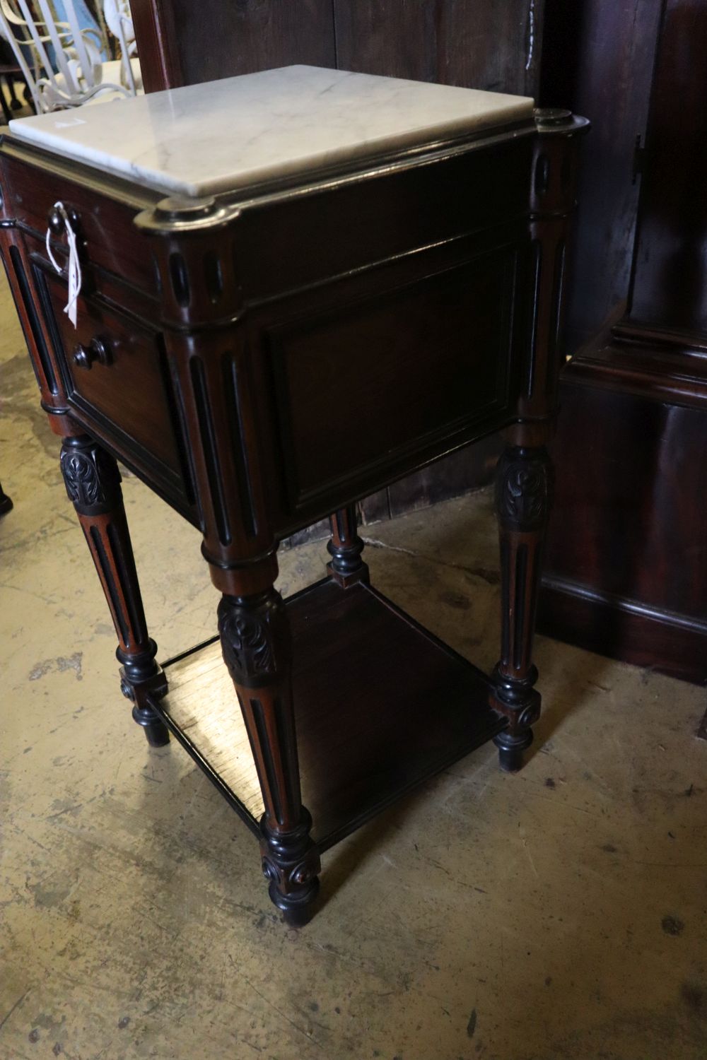 A late 19th century French rosewood marble topped two tier bedside cabinet, width 39cm depth 38cm height 77cm